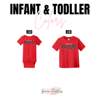 Wamego Raiders red polka dot top color chart showing Gildan, Comfort Colors, and Bella Canvas blanks in red