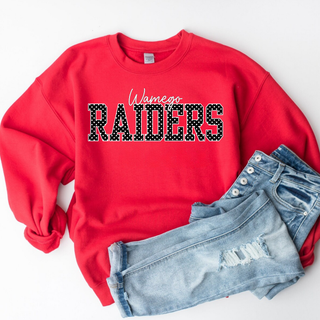 Red Wamego Raiders sweatshirt with cursive Wamego script and black polka dot RAIDERS block lettering with white outline