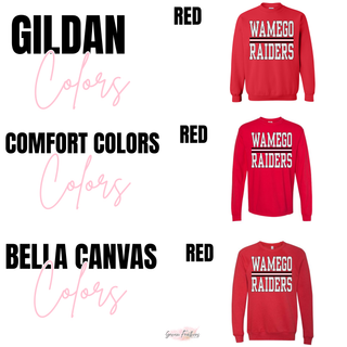 Wamego Raiders stacked petite polka dot top color chart showing Gildan, Comfort Colors, and Bella Canvas blanks in red