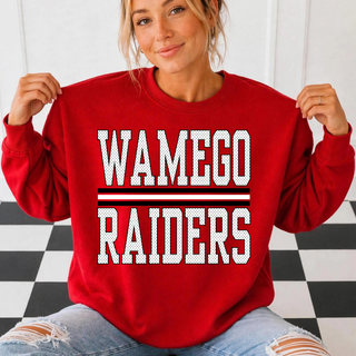 Red Wamego Raiders sweatshirt with stacked WAMEGO RAIDERS petite polka dot block lettering and stripe divider
