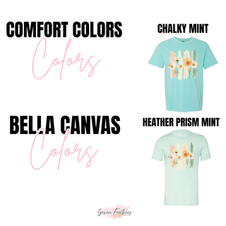 Color chart showing watercolor daisy brushstroke top in Comfort Colors Chalky Mint and Bella Canvas Heather Prism Mint