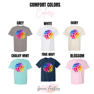 Comfort Colors tee watercolor volleyball graphic in grey, white, ivory, chalky mint, true navy, blossom
