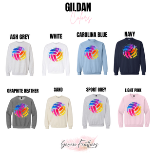 Gildan crewneck watercolor volleyball top in ash grey, white, carolina blue, navy, graphite heather, sand, sport grey, light pink
