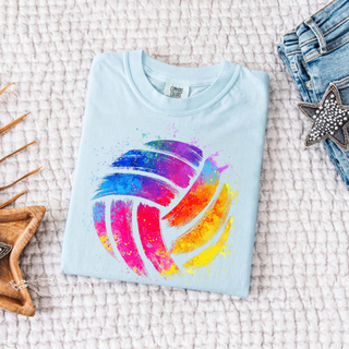 Folded chambray tee with rainbow watercolor splatter volleyball graphic front view flat lay

