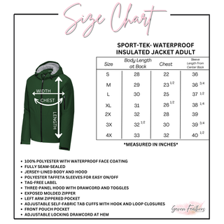 Adult size chart for the waterproof insulated jacket