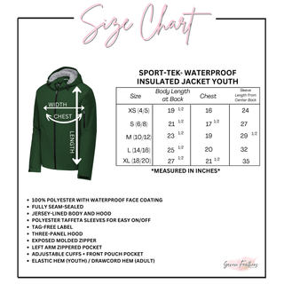Youth size chart for the waterproof insulated jacket