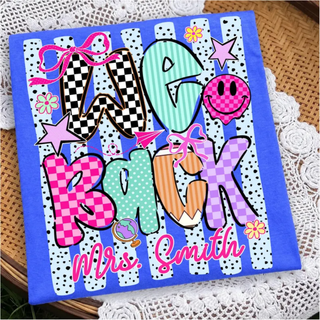 Blue We Back personalized name graphic tee with checkered lettering and personalized teacher name