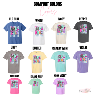 We Back personalized name graphic tee Comfort Colors options: flo blue, white, ivory, pepper, grey, butter, chalky mint, violet, neon pink, island reef, neon violet