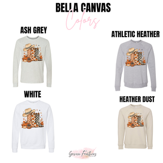 Western boots and pumpkins top Bella Canvas color options including ash grey, athletic heather, white, and heather dust
