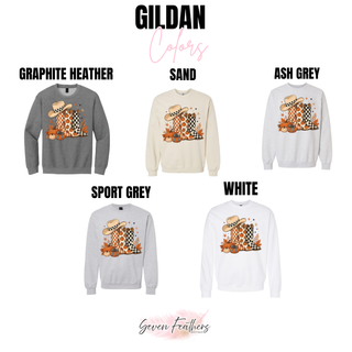 Western boots and pumpkins sweatshirt Gildan color options including graphite heather, sand, ash grey, sport grey, and white
