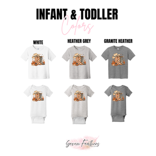 Western boots and pumpkins infant and toddler tee and onesie color options in white, heather grey, and granite heather
