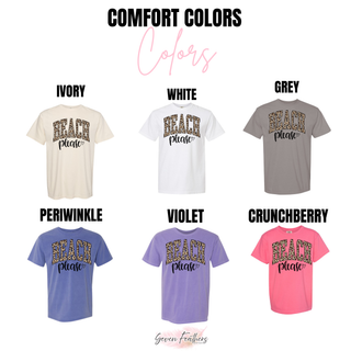 Comfort Colors tee color options for beach please leopard graphic in ivory, periwinkle, and crunchberry
