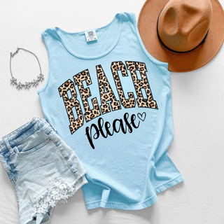 Chambray Comfort Colors tank top flat lay with beach please leopard graphic, hat and accessories
