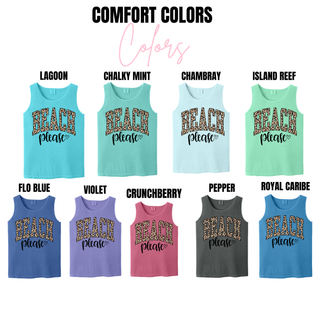 Comfort Colors tank top color options for beach please leopard graphic in lagoon, violet, and crunchberry
