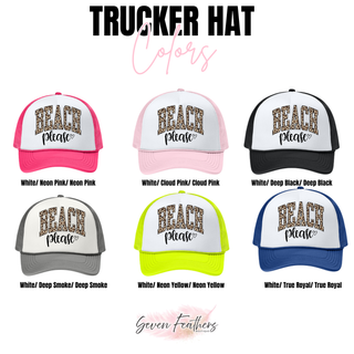 Trucker hat color options for beach please leopard graphic in neon pink, black, and neon yellow
