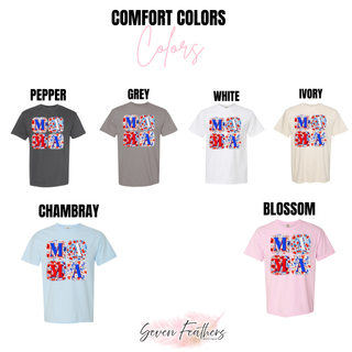 Wild Bloom Patriotic Mama Comfort Colors tee color chart pepper grey white ivory chambray and blossom with floral design
