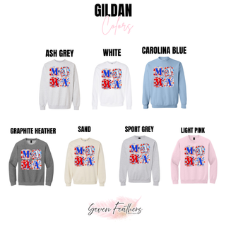Wild Bloom Patriotic Mama Gildan crewneck colors ash grey white carolina blue graphite heather sand sport grey light pink
