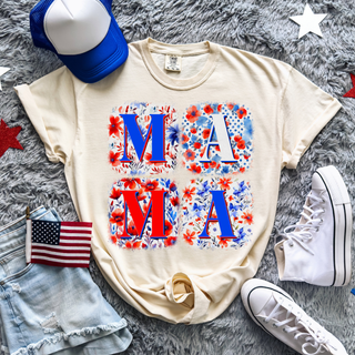 Ivory Comfort Colors tee flat lay wild bloom patriotic mama red white blue floral block mama design with flag hat and sneakers
