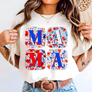 Woman wearing ivory Comfort Colors tee with wild bloom patriotic mama red white and blue watercolor floral block letter design

