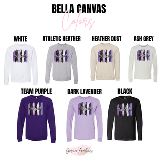 Bella Canvas color chart for the Wildcats Purple Brushstroke Top showing white, athletic heather, heather dust, ash grey, team purple, dark lavender, and black