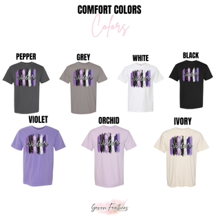 Comfort Colors color chart for the Wildcats Purple Brushstroke Top showing pepper, grey, white, black, violet, orchid, and ivory tees