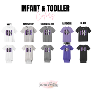 Infant and toddler color chart for the Wildcats Purple Brushstroke Top showing tees and bodysuits in white, heather grey, granite heather, lavender, purple, and black