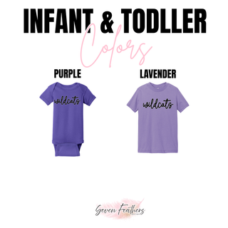 Infant onesie and toddler tee color chart for wildcats script top in purple and lavender
