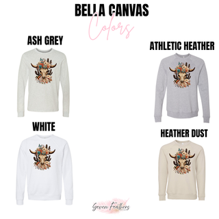 Wildflower cow skull Bella Canvas crewneck sweatshirt color options - Seven Feathers Boutique