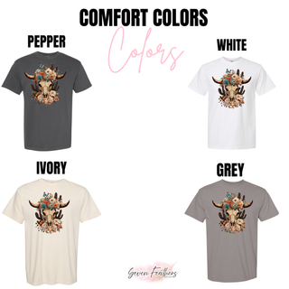 Wildflower cow skull Comfort Colors t-shirt color options - Seven Feathers Boutique