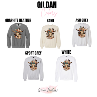 Wildflower cow skull Gildan crewneck sweatshirt color options - Seven Feathers Boutique