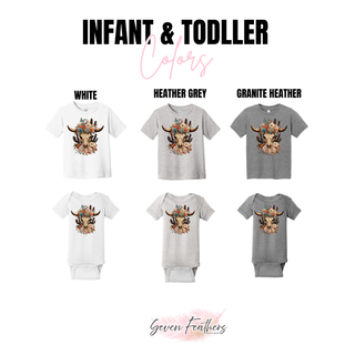 Wildflower cow skull infant onesie and toddler t-shirt color options - Seven Feathers Boutique