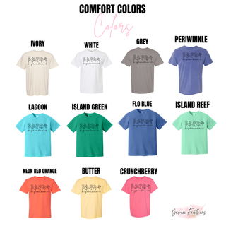 Comfort Colors tee color options for wildflower grandma graphic in ivory, lagoon, and periwinkle
