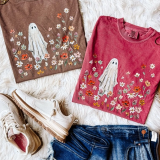 Brown and berry Comfort Colors graphic tees with painted ghost and wildflower design