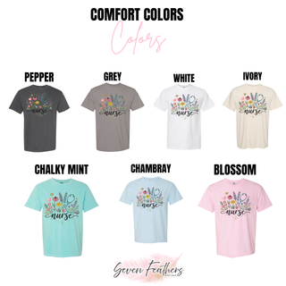 Comfort Colors nurse tee in pepper, grey, white, ivory, chalky mint, chambray, and blossom