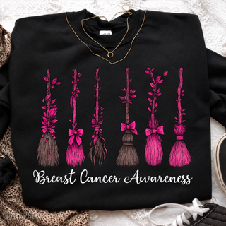 Witch Brooms Breast Cancer Awareness Top on black sweatshirt