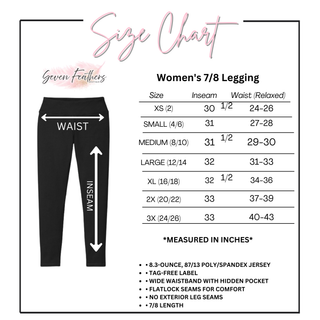 Women's 7/8 Leggings size chart with inseam and waist measurements for sizes XS through 3X in inches

