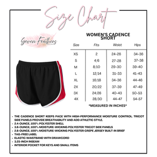 Size chart for the women's Cadence performance shorts, adult S through 4XL