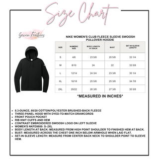 Nike Women's Club Fleece Pullover Hoodie size chart for women's S through 2XL