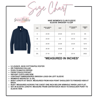 Women's fleece half-zip size chart with body length, bust, sleeve length, and numeric size measurements for S through 2XL