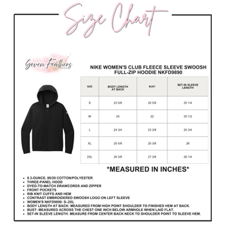 Women's full-zip hoodie size chart with body length, bust, and sleeve length measurements for S through 2XL