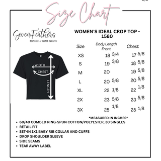 Women's Ideal Crop Top 1580 size chart with body length front and chest measurements for sizes XS through 3X
