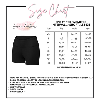 Size chart for the women's Interval performance shorts