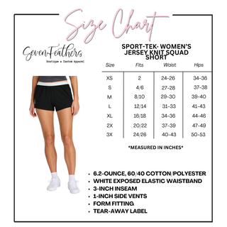 Women's size chart for the jersey knit squad shorts