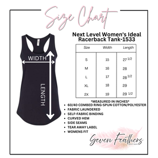 Size chart for the women's racerback tank, Adult XS through 2XL