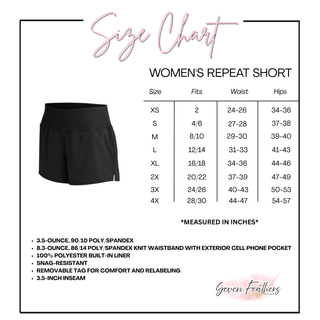Women's repeat short size chart showing fits waist and hip measurements in inches for sizes XS through 4X