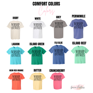 Comfort Colors tee color options in ivory, white, grey, periwinkle, lagoon, island green, flo blue, island reef, neon red orange, butter, and crunchberry
