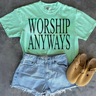 Chalky mint Comfort Colors tee with Worship Anyways bold distressed block lettering styled with denim shorts
