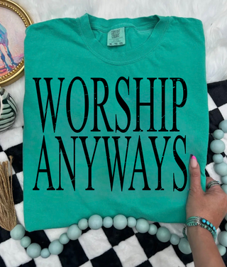 Island green Comfort Colors tee with Worship Anyways bold distressed block lettering
