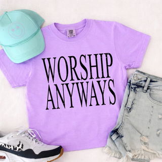 Violet Comfort Colors tee with Worship Anyways bold distressed block lettering styled with denim shorts

