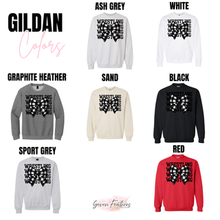 Gildan color chart for the Wrestling Buffalo Plaid Bow Top showing ash grey, white, graphite heather, sand, black, red, and sport grey sweatshirts